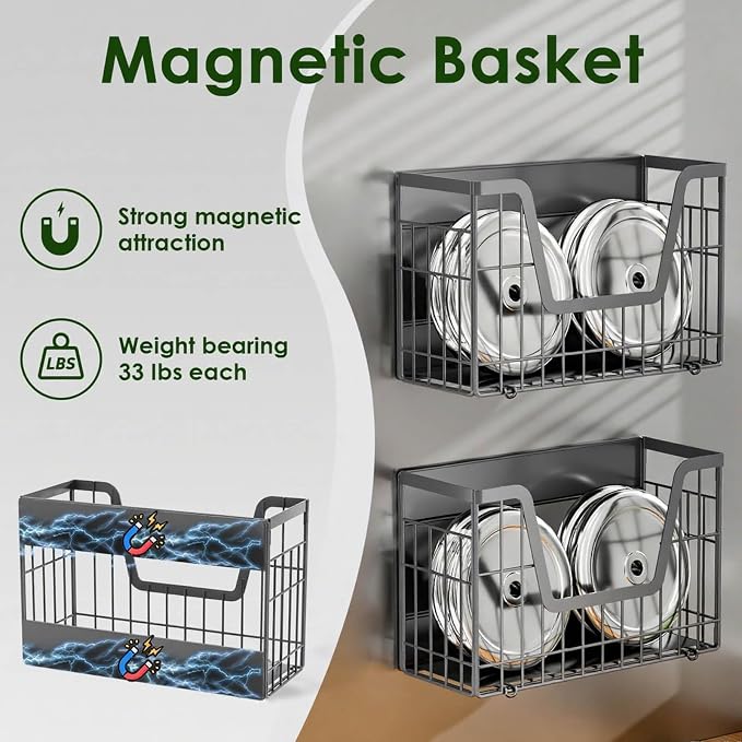 Grey Magnetic Shelf for Fridge, 2-Pack Potato and Onion Storage Bin | Magnetic Fruit Basket for Fridge, Magnetic Shelves Kitchen Pantry Organizers & Storage, Magnetic Spice Rack for Refrigerator