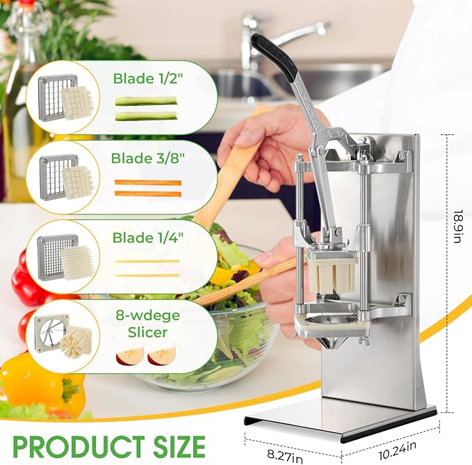 4-in-1 Commercial French Fry Cutter, 4-Blade Vegetable Chopper | 1/2", 3/8", 1/4" & 8-wedge blades, stainless steel, extended handle, stable base, wall or tabletop mount, easy-clean parts