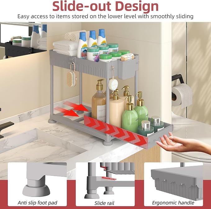 4-Pack 2-Tier Under Sink Organizer with Pull Out Drawers | Multi-use kitchen & bathroom storage. Includes hanging hooks and cups. Gray, space-saving cabinet design. 12.8 Inch