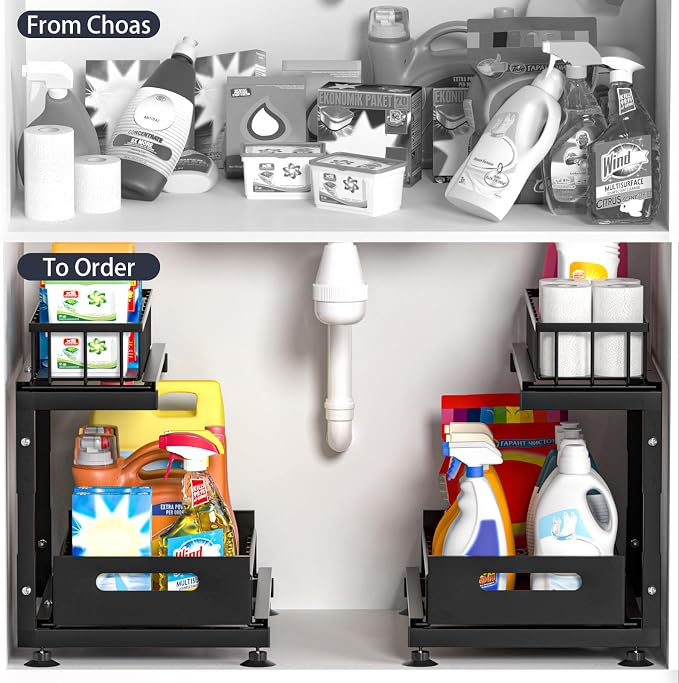 2-Pack L-Shaped Under Sink Organizer, 2-Tier Pull-out Cabinet Rack | Black Height-Adjustable Metal Rack, Sliding Grid Drawers with Safety Stopper, Holds 100 Lbs, Ideal Kitchen Cabinet Storage