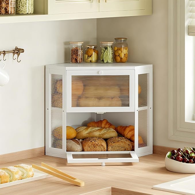 WOWLIVE Double Layer Corner Bread Box for Kitchen Countertop with 2 Doors | Bamboo Bread Storage Container, Large Farmhouse Breadbox with Acrylic Wavy Door, Under Cabinet Organizer, White, Medium