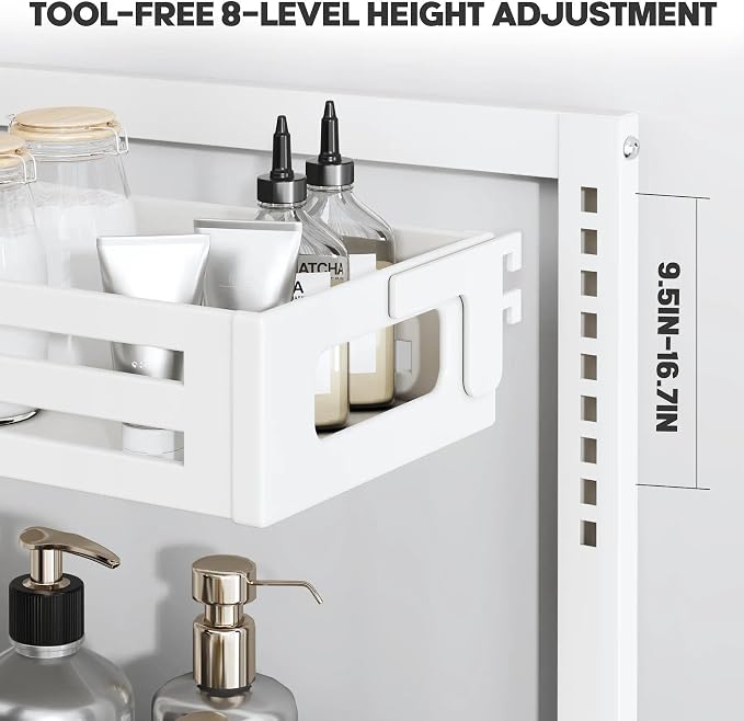 2 Pack 17IN-Depth Under Sink Organizer,Pull Out Cabinet Organizer With Smooth Cylindrical Rail,Metal Slide Out Drawer for Kitchen Bathroom Laundry,8-Level Tool Free Height Adjustable-White