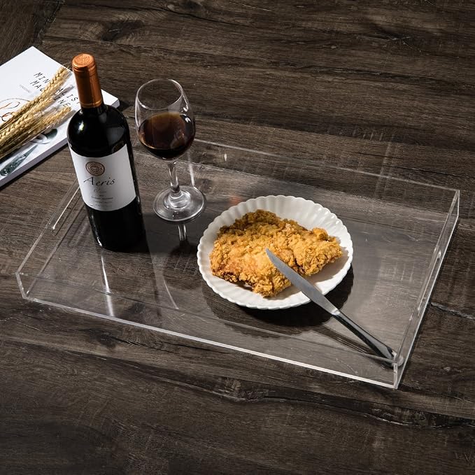 Sooyee Clear Acrylic Serving Tray, 16" x 12" | Coffee Table Trays, Plastic Tray for Living Room, Bathroom, Ottoman Coffee Table, Home Decorative Tray
