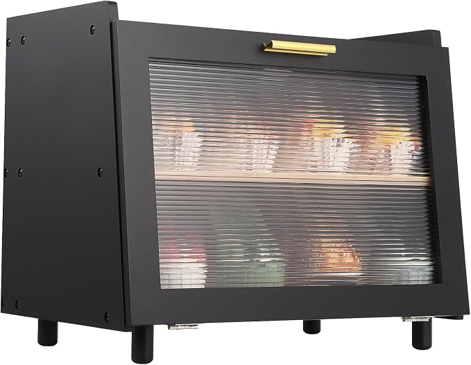 Garvee Double Layer Bread Box, Bamboo Farmhouse Bread Storage with Window | Clear Window, Strong Magnetic Closure, Compact Footprint, Flat Top, for Kitchen Countertop, Black & Gold