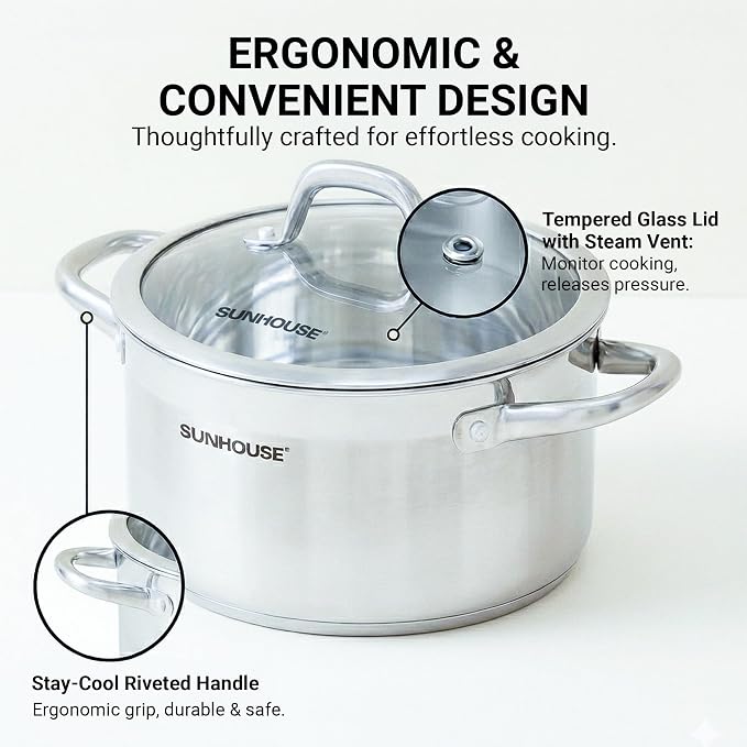 SUNHOUSE Whole-Clad 12 Quart Stainless Steel Stock Pot with Lid | Premium Whole-Body Clad Sweet-Spot Pot for Large Hot Pot, Big-Batch Broth & Crawfish Boil - Induction Compatible, Oven Safe