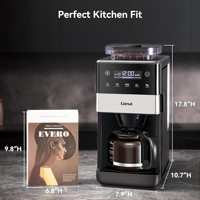 Gevi 10-Cup Grind & Brew Coffee Maker, Touch Screen, Programmable Brew | All-In-One 10-Cup Coffee Maker With Built-In Grinder & Glass Carafe, 90-Min Warm Plate, Reusable Filter, 1.5L Tank