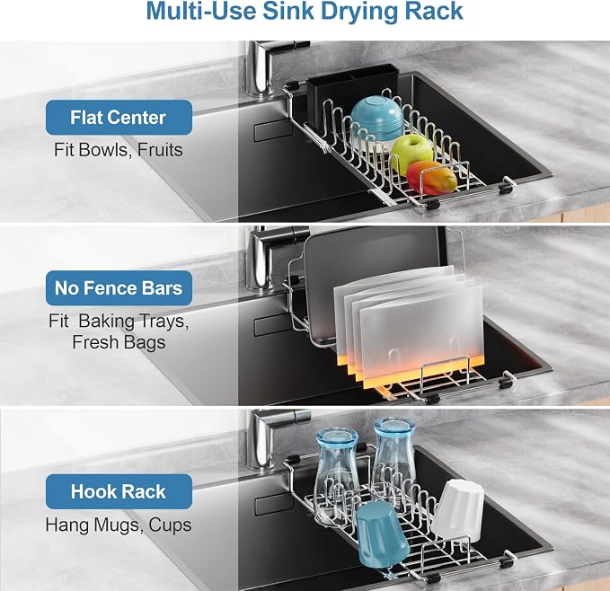Large Capacity Dish Rack - Expandable 2-Piece Countertop Set, Silver | Expands 16.5-21.5 in, Holds Pots & Plates, Cup & Utensil Holders, Absorbent Mat, Removable Over-Sink Rack, Stainless Steel