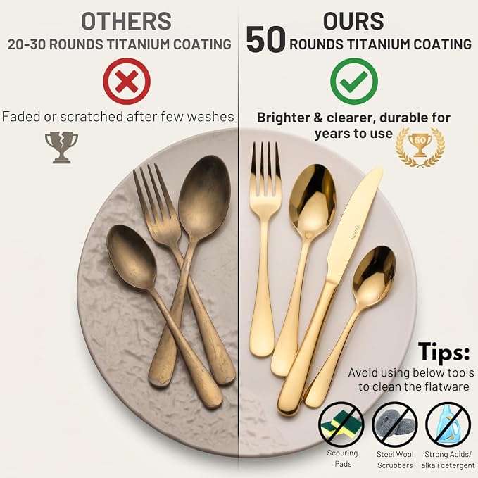 VIVANI 16-Piece Gold Silverware Set for 4, Stainless Steel Flatware Set | Dishwasher Safe Cutlery Set with Titanium Coating for Home, Kitchen, Apartment, Dinner Party, Housewarming, Rust Resistant