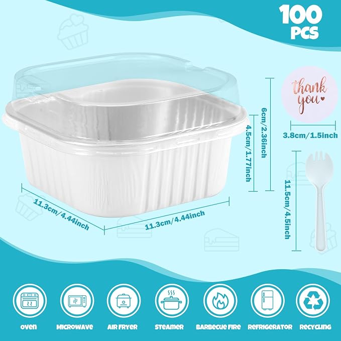 100 Pack White 10oz Pink Mini Cake Pans With Lids, Aluminum Foil Square Brownie Baking Cups,Disposable 4”x4” Large Cupcake Pan,Jumbo Muffin Tin Ramekins Holders