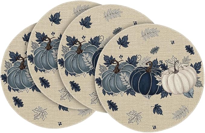 Artoid Mode Navy Blue Pumpkins Round Fall Placemats Set of 4-14 Inch | Heat-Resistant, Washable Table Mats, Seasonal Autumn Kitchen Dining Decor