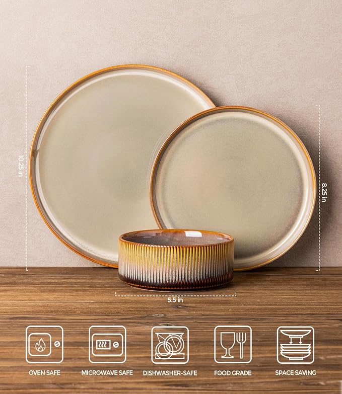 Ceramic Dinnerware Set for 8, 24-Piece Plates and Bowls Set | Lightweight Porcelain Dish Set, Scratch Resistant, Oven & Microwave & Dishwasher Safe, Creamy Amber