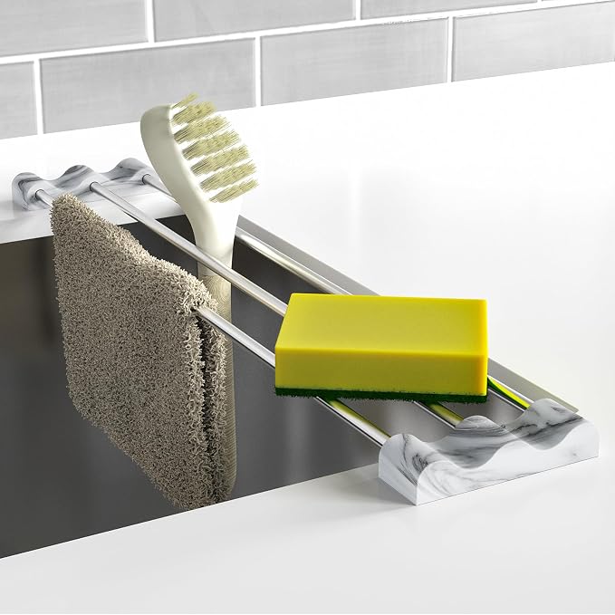 Tomorotec Adjustable Over-The-Sink Kitchen Rack, BPA-Free, Marble | Holds 16.5 Lbs; For Dishcloths, Sponges, and Brushes - Heat-Resistant Stainless Steel with Slim, Expandable Design