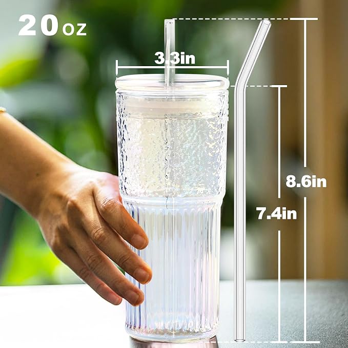JunVpic Glass Coffee Tumbler, 20 oz Glass Cup with Lid and Straw | Multicolor glass design, Hammered Texture, reusable straw and lid for iced coffee, tea, smoothies and hot & cold drink