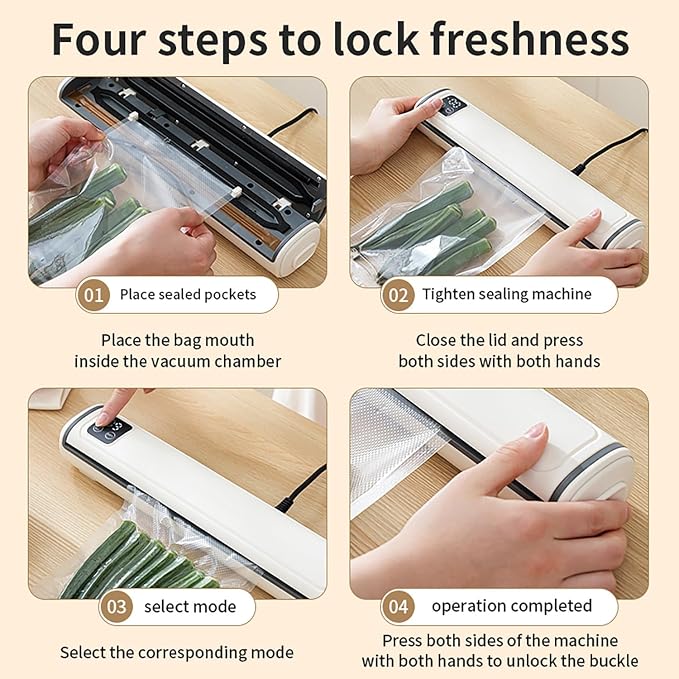Vacuum Sealer with Compact Build, One-Touch Automatic Sealing Cycle (10-20 Seconds), Dry/Moist/Wet/Cold Food Modes, Includes 10 Vacuum Sealer Bags and Built-in Cutter for Easy Length Adjustment