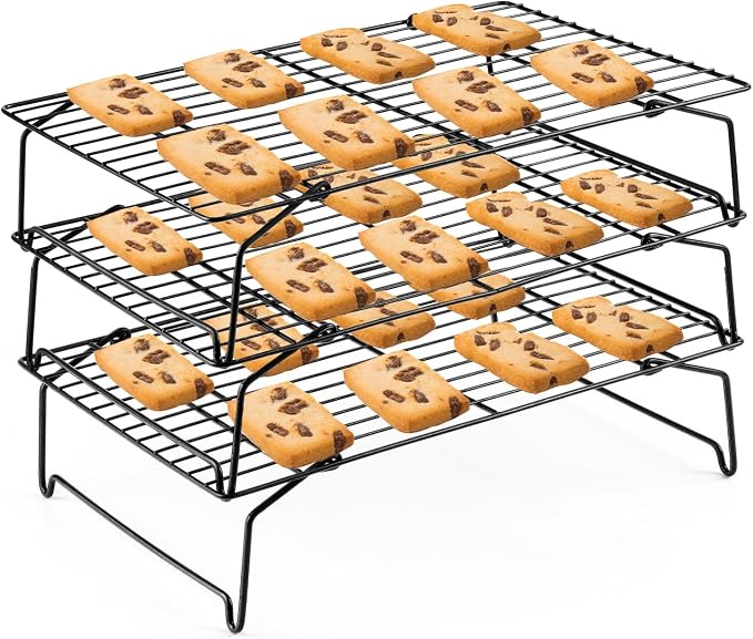 Leonyo Cooling Rack, 3 Tier Stainless Steel Stackable Cooling Racks for Baking, Cooking, Roasting, Grilling, Cool Batches of Cookie, Collapsible & Heavy Duty, Oven Safe & Easy Clean, 15" x 10", Black
