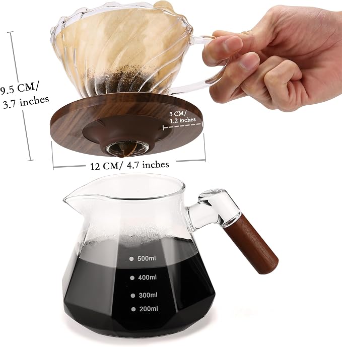 Lalord Pour Over Coffee Dripper, Borosilicate Glass with Walnut Collar, Includes 100 Size 02 Paper Filters, Drip Coffee Maker for 1-3 Cups, Clear