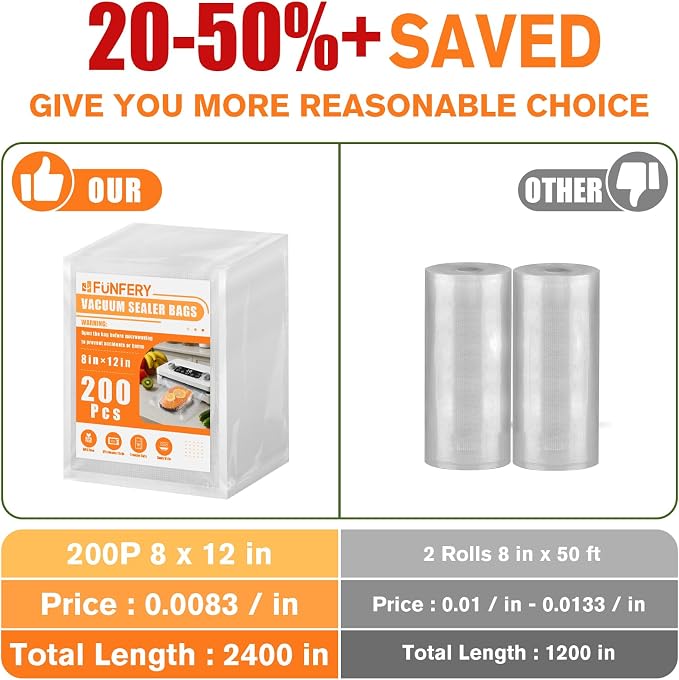 FUNFERY 200 Precut Quart 8" x 12" BPA-Free Vacuum Sealer Bags for Food | Commercial-Grade Bags for Long-Term Food Storage, Microwave, Boiling, Sous Vide and Refrigerator Storage