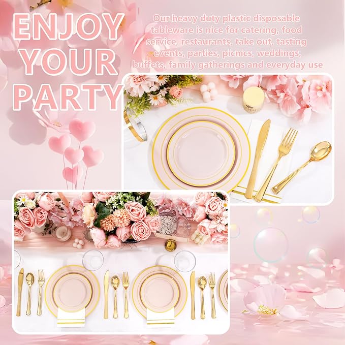 GATHER 350PCS Pink Plastic Plates with Gold Rim for Wedding Baby Shower | Pink Disposable Plastic Dinnerware Set include 100 Plates, 150 Silverware, 50 Napkins, 50 Cups for Party Birthday