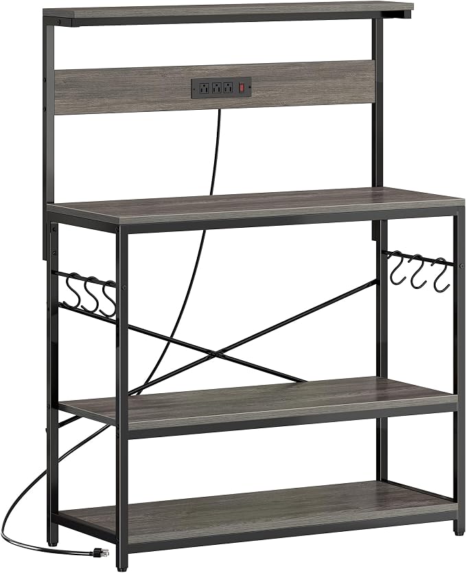SUPERJARE Bakers Rack with Power Outlets, Microwave Stand, 39.4 X 14.3 Inch Larger Desktop, Kitchen Storage Rack with Adjustable Middle Shelf, 6 S-Shaped Hooks, Coffee Bar Stand, Grey