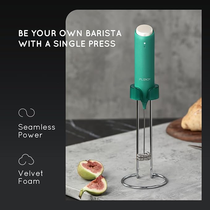 Flendy Rechargeable Milk Frother Handheld with Charging Stand | USB-C Charging Dock, 2 Detachable Double Whisk, Extra Long Mixer Wand, Wall Mount, Top Button, Compact Electric Stirrer