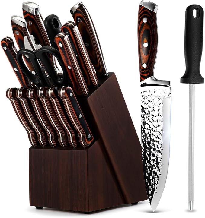 Kitchen Knife Sets with Block, 15-Piece High Carbon Stainless Steel Knife Block Set with Sharpener, Ultra-Sharp kitchen knives with Triple Rivet Wood Handle Perfect for Cooking Cut