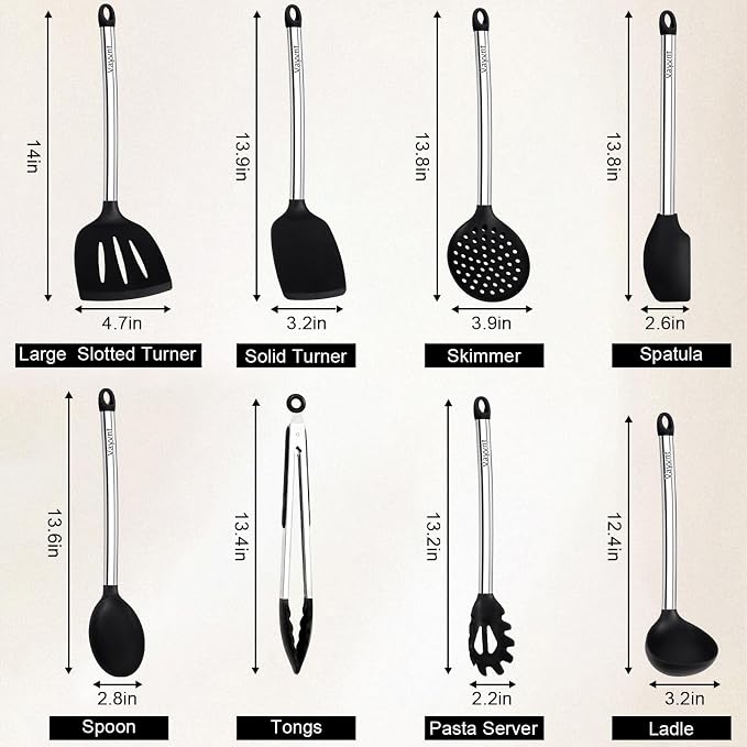 Vayvnt Silicone Cooking Utensil Set, 8-Piece, Heat Resistant to 480℉, Black | Kitchen Utensils with Stainless Steel Handle, Non Toxic, Non-scratch on Nonstick Cookware, Large Long Size, Dishwasher Safe