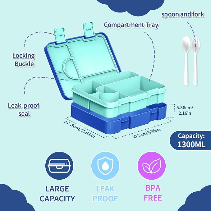 Bento Lunch Box for Kids, Leak-Proof 5-Compartment Cute Lunchbox for Boys Girls, Drop-Proof, Food Container Microwave & Dishwasher Safe, Back to School Supplies for Ages 3 to 7, Blue/Astronaut