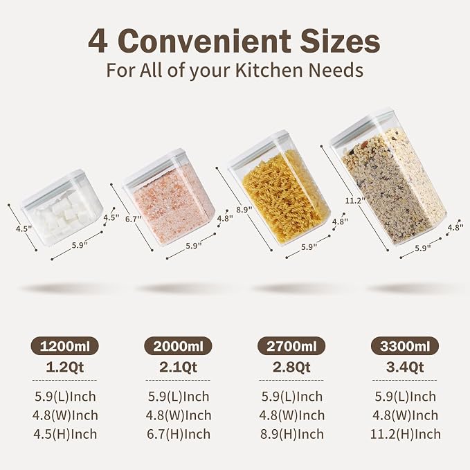 Melovom 8 Pcs Pop Food Storage Containers Airtight Food Storage Containers Set with Lids Kitchen Pantry Organization and Storage, 3.4Qt, 2.8Qt, 2.1Qt, 1.2Qt