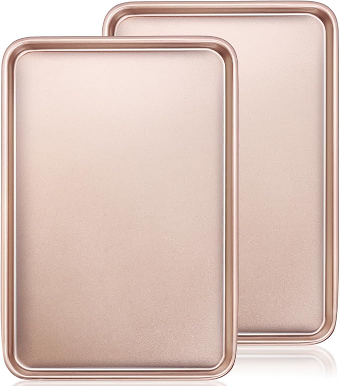 Wildone Baking Sheet Pan Set of 2, Nonstick Cookie Sheets for Baking | Thicker Carbon Steel Jelly Roll Pan Oven Tray 15x10 Inch, Heavy Duty & Easy Clean, Rose Gold