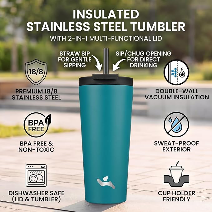 Konokyo 34 oz Insulated Tumbler Water Bottle with Straw Lid, Blue | Stainless steel insulated tumbler for coffee, water and iced drinks; spill-proof lid, 2 straws, cup-holder friendly