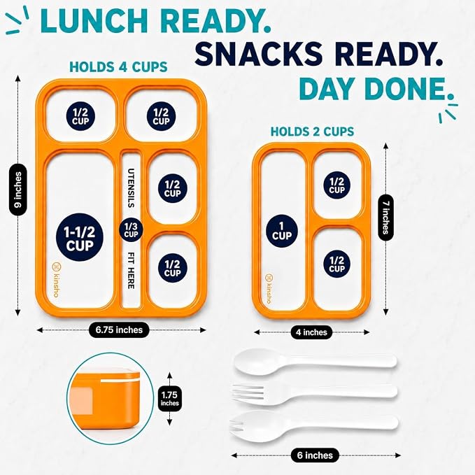 Bento Lunch-Box Set for Kids includes Snack Container | 6 and 3 Divided Compartment Boxes School Bentos or Meal Portion Control Containers BPA Free, Boys Girls Adults, Orange Large + MINI 2 pack