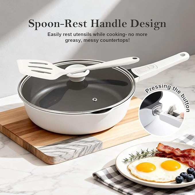 12-Inch Nonstick Deep Frying Pan Skillet with Steamer, Non Stick Saute Pan with Lid, Detachable Handle, Induction Compatible, Oven Safe, PFOA Free, Classic White