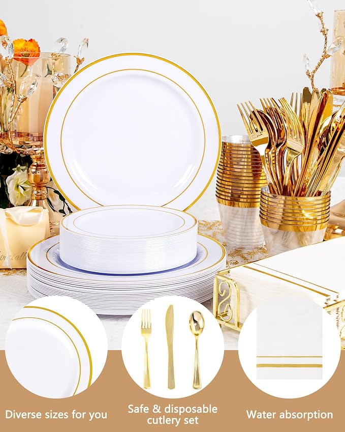 GATHER 350PCS Gold Plastic Plates for Wedding and Party | White and Gold Disposable Dinnerware Set include 100 Plates, 150 Silverware, 50 Napkins, 50 Cups for Bridal Shower