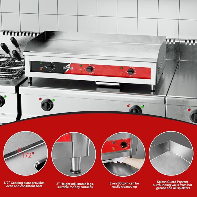CROSSON ETL Listed 36"*16" Large Commercial Electric Countertop Griddle,Flat Top Heavy Duty Griddles with Non-Stick 1/2" Thick Iron Cooking Plate for Restaurant use-240V/6600W (EG-918C)