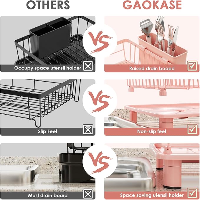 Dish Drying Rack, Stainless Steel-Dish Rack, Dish Racks for Kitchen Counter, Kitchen Dish Drainers with Removable Utensil Holder,New Drain Outlet,Plate Rack and Drainboard,(Pink-11 W x 15" L)
