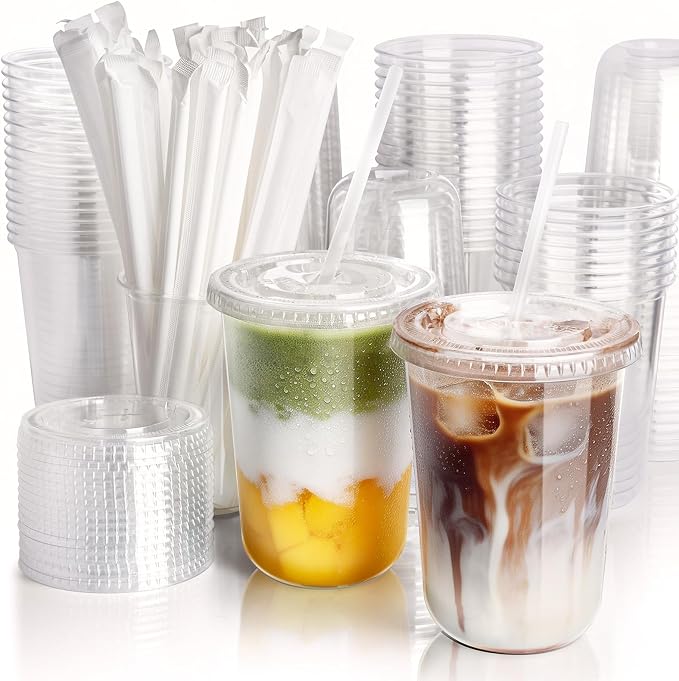 50 Pack 16 oz Round Bottom Plastic Cups with Lids and Straws, Disposable Coffee Cups with Lids, To Go Iced Coffee Cups with Lids, Disposable Cups for Party, Smoothie Cup for Cold Drinks