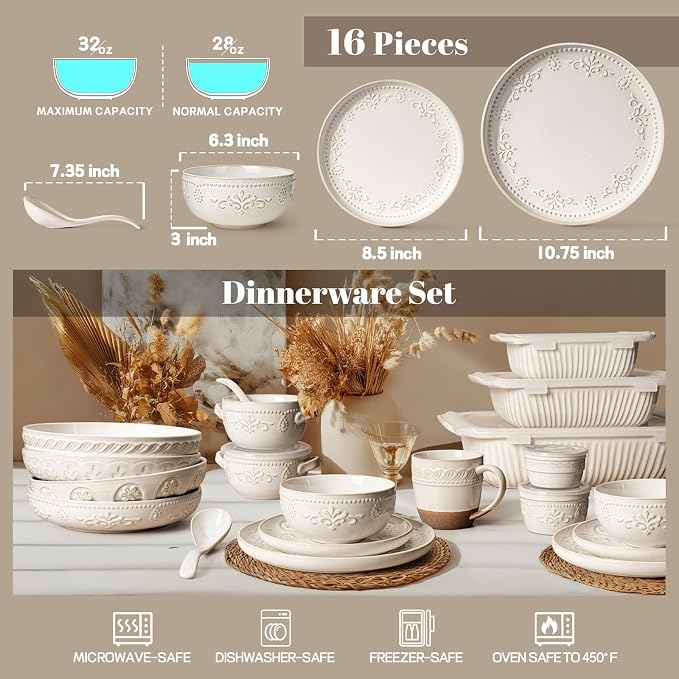 Plates And Bowls Sets, 16 Pieces Dinnerware Sets, Dish Set For 4, Ceramic Kitchen Bowl And Plate Set, Embossed White Dishware Sets, Dishwasher & Microwave Safe (Damask Floral)