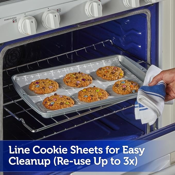 Reynolds Kitchens Pre-Cut Parchment Paper Cookie Baking Sheets, 22ct | 12 x 16 in, Fits Standard Size Cookie Sheets, Nonstick, Reusable Up To 3X, SmartGrid Lines, Oven Safe To 425F, Easy Cleanup