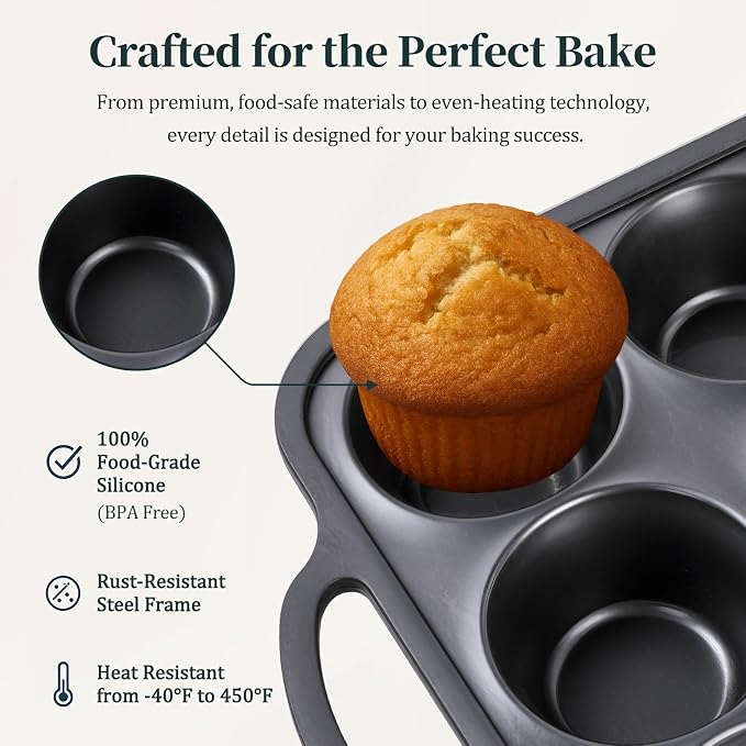 12-Cup Mini Silicone Muffin Pan with Reinforced Steel Frame,Metallic Black | Regular Size Cupcake Pan, BPA Free Silicone Muffin Tray, Reinforced Steel Frame for Stability, Easy Baking & Cleanup, 1Pk