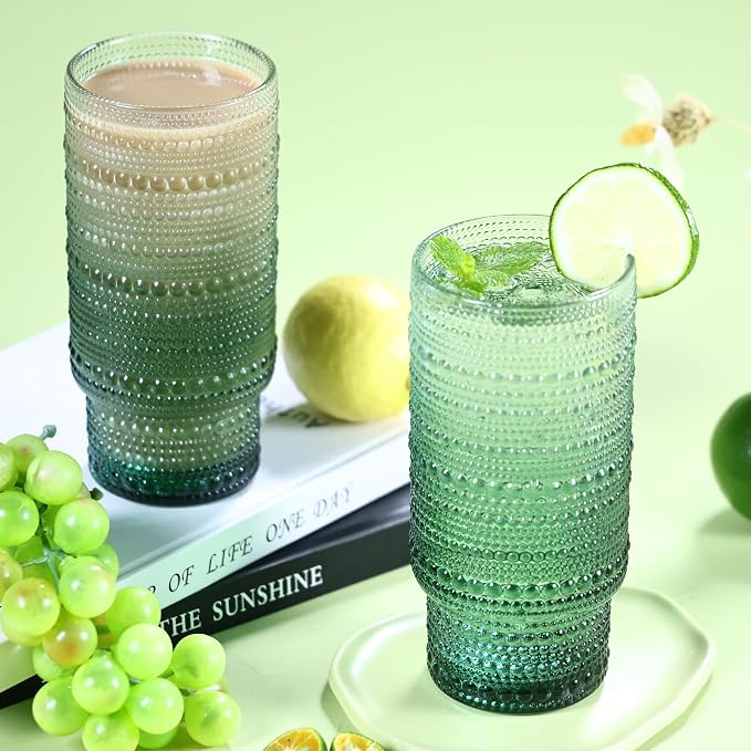 Large Capacity 16 oz Hobnail Drinking Glasses Set of 6, Vintage Glassware Drinking Glasses, Gradual Dark Green Water Glasses Tumbler, Cups for Kitchen, Juice, Beer, Cocktail, Whiskey