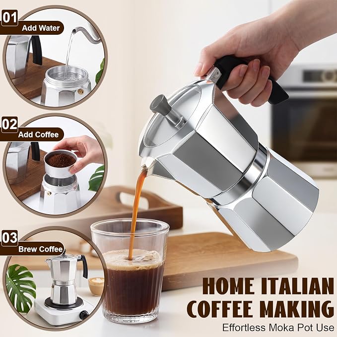 2 Pack Stovetop Espresso Maker 450ml 9 Cup Moka Pot, Classic Silver Aluminum Coffee Maker, Italian Machine for Gas or Electric Stove, Rich Espresso Cappuccino Latte