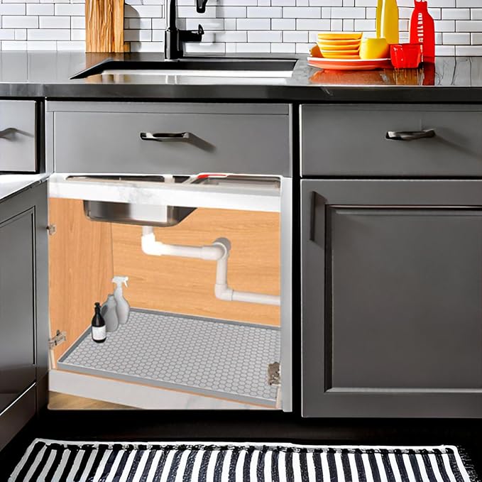 Under Sink Mat 31 x 22, Silicone Under Sink Liner for Kitchen Waterproof Bathroom Cabinet Mat, Light Grey