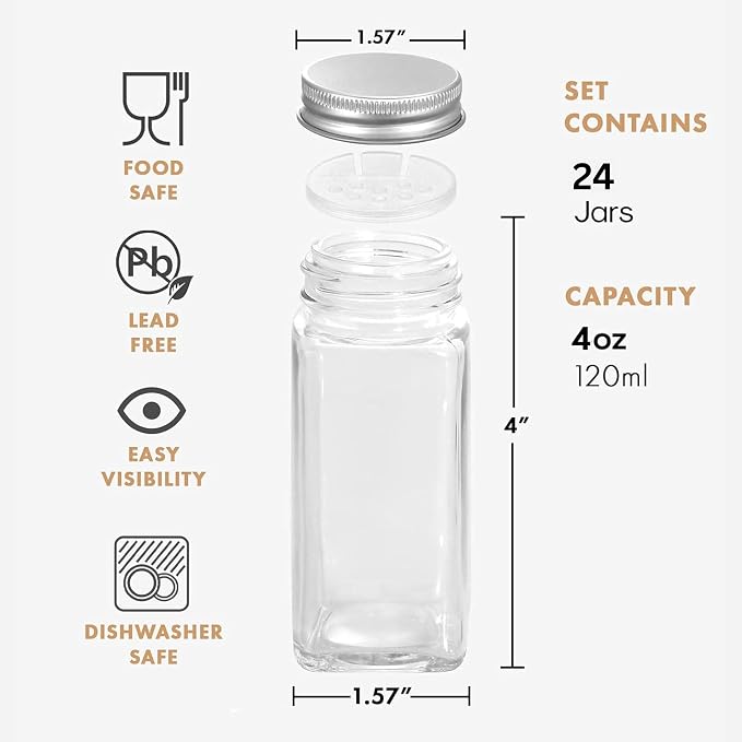 RoyalHouse 24 Pcs Glass Spice Jars/Bottles - 4oz Empty Square Spice Containers with Spice Labels and Airtight Metal Caps with Shaker Lids