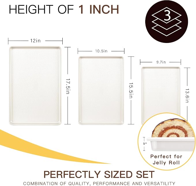 3 Pack Nonstick Ceramic Baking Sheet Pan Set for Oven, Non-Toxic Half/Quarter/Jelly Roll Pans with Diamond Texture, 0.8mm Aluminized Steel Cookie Trays for Cooking, Cream