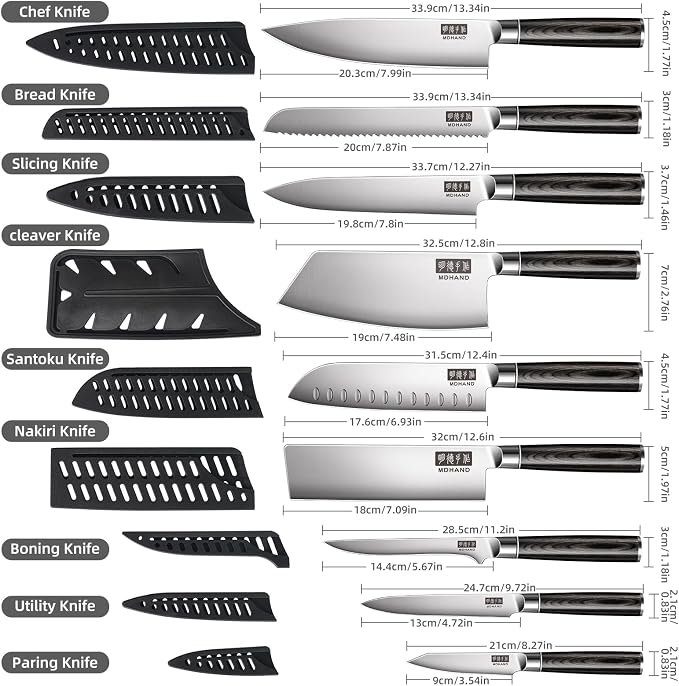 Chef Knife Set with Roll Bag, Ultra Sharp Japanese Kitchen Knife Set | High Carbon Stainless Steel 10PCS Kitchen Knife Set with Sharpener, Pakkawood Handle, Kitchen & Home Cooking, Dishwasher Safe