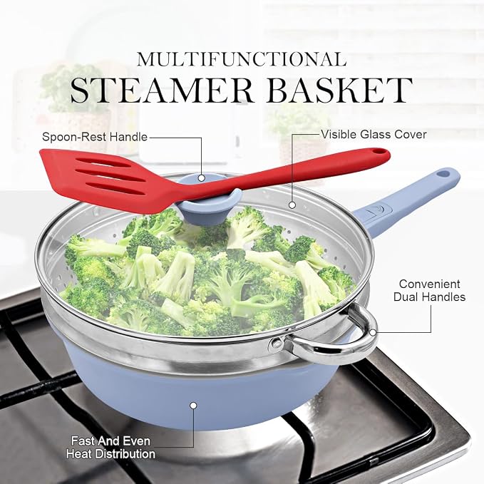 AIKENBBKK 12 Inch Nonstick Deep Frying Pan with Steamer, Ceramic Skillet with Lid, Steamer Pan for Cooking, 5 QT Non Stick Saute Pan with Detachable Handle, PTFE & PFAS-Free, Oven Safe, Blue