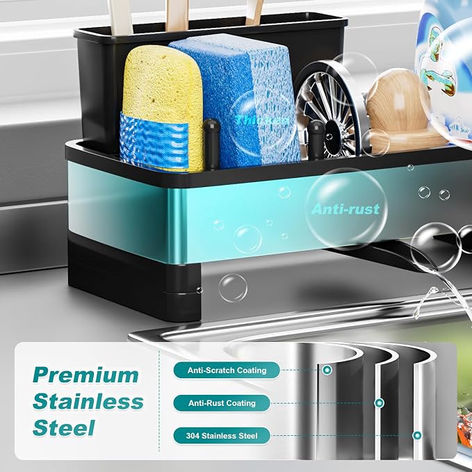Ewaiira Stainless Steel Sink Caddy, Sponge Holder for Kitchen Sink 9.8″ | with Brush Holder and Towel Rack, Sink Organizer for Countertop, Soap Kitchen Organizers Storage Essentials, Black