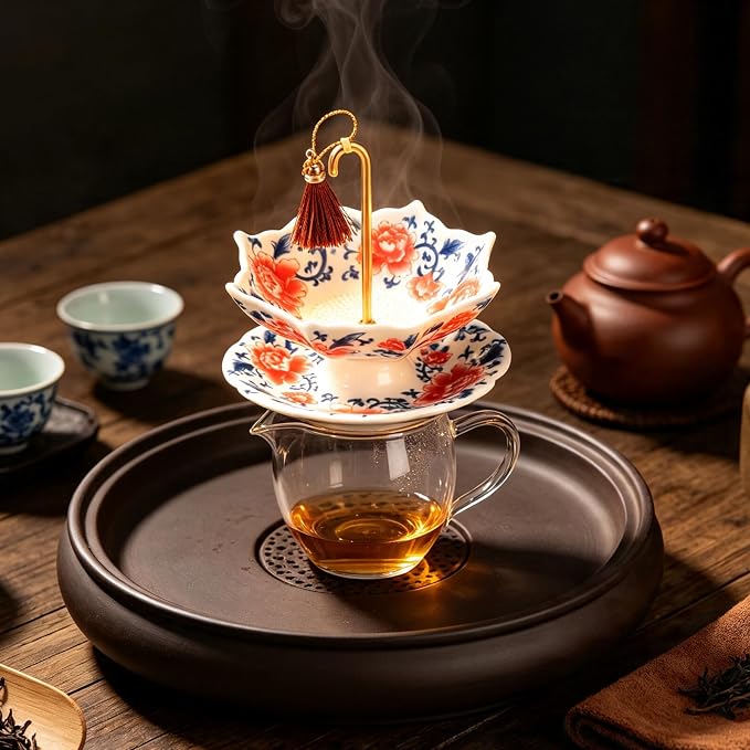 Blue and White Porcelain Umbrella Tea Infuser, Rotating Ceramic Loose Leaf Tea Strainer Filter with Base, Fine Mesh Tea Filter for Home Tea & Coffee Brewing, Unique Decorative Tea Gift (Red)