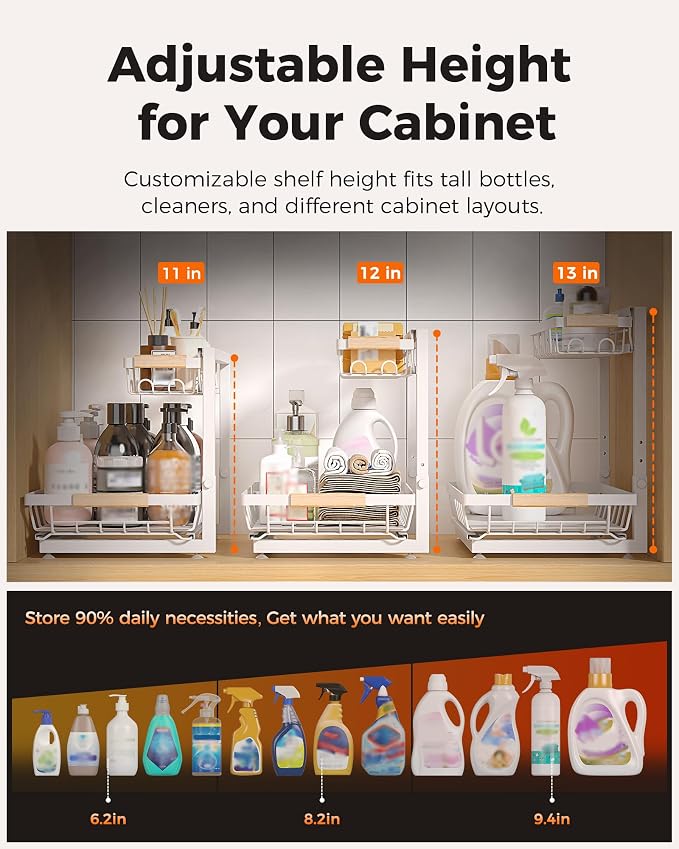 2-Pack 2-Tier Height Adjustable Under Sink Organizer & Storage | Multi-purpose storage for kitchen & bathroom cabinet. Large white shelf, height adjustable design for space-saving.