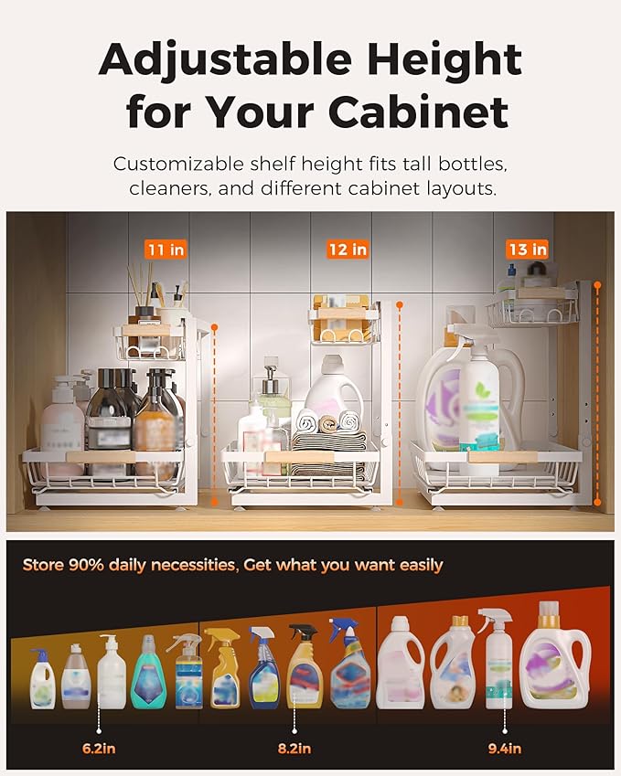 3-Pack 2-Tier Height Adjustable Under Sink Organizer, White | Multi-purpose metal storage shelf with sliding shelves for kitchen, bathroom, pantry & laundry cabinet